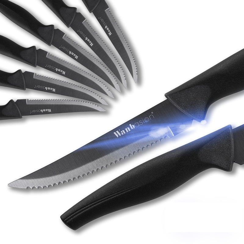 Wanbasion Black Steak Knives Set, Steak Knife Set Dishwasher Safe, Sharp Steak Knives Set for Kitchen with Ergonomic Handles - Image 1
